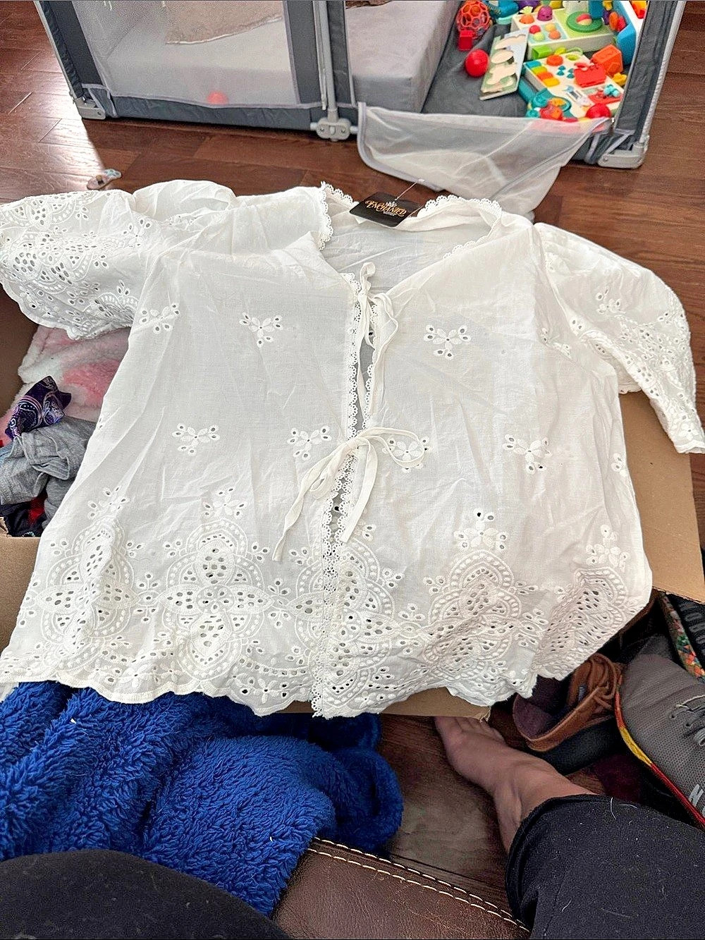 Enchanted Eyelet Embroidered Tie-Front Blouse in White NWT